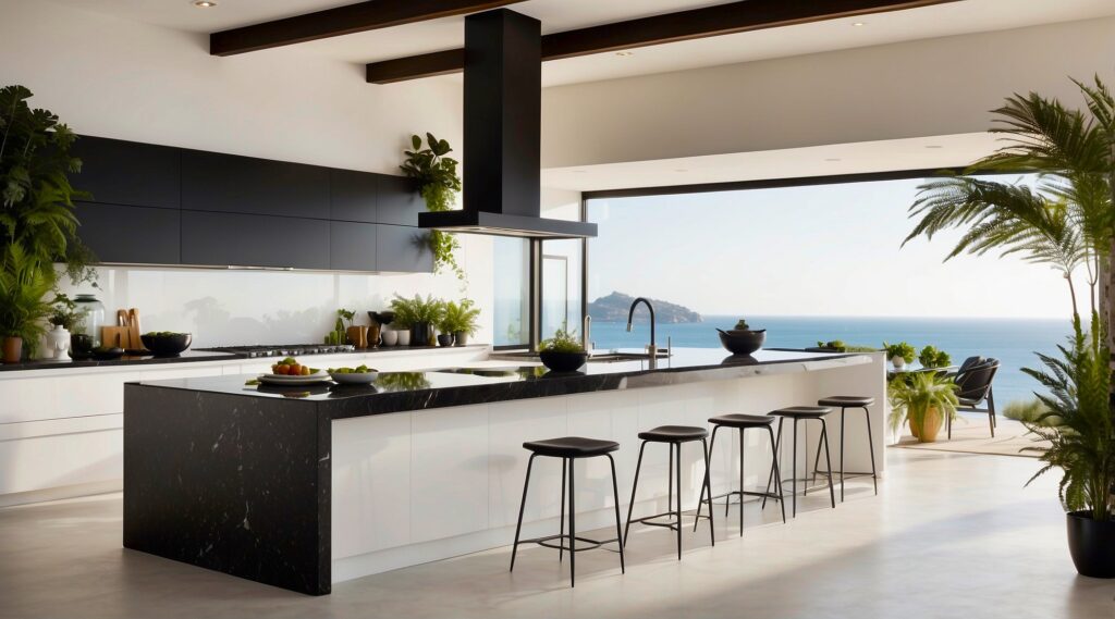 cocina con encimera negra y muebles blancos