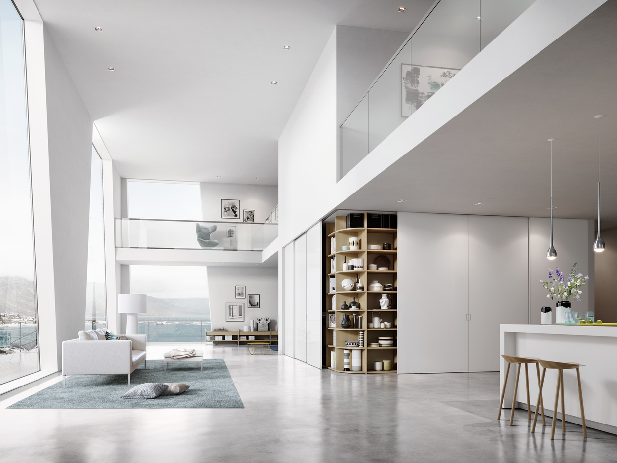 Gleittür, Schiebetür, Gleitschiebetür, S800, Alurahmen pulverbeschichtet weiß, Floatglas, lackiert weiß, Innensystem Legno, Urban Structures, Matrix Eiche, Küche, Einbauschrank, Silding door, S800, aluminum frame powder-coated white, floatglass, white lacquered, interior system legno, urban structures, matrix oak, kitchen, built-in closet, cabinet, wardrobe