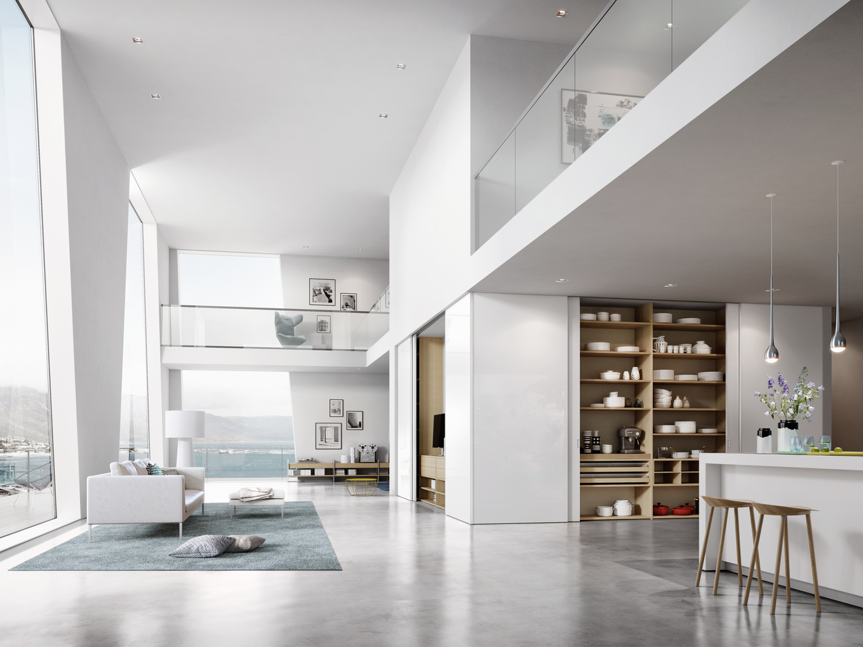 Gleittür, Schiebetür, Gleitschiebetür, S800, Alurahmen pulverbeschichtet weiß, Floatglas, lackiert weiß, Innensystem Legno, Urban Structures, Matrix Eiche, Küche, Einbauschrank, Ecklösung, Silding door, S800, aluminum frame powder-coated white, floatglass, white lacquered, interior system legno, urban structures, matrix oak, kitchen, built-in closet, cabinet, wardrobe, corner solution, unik
