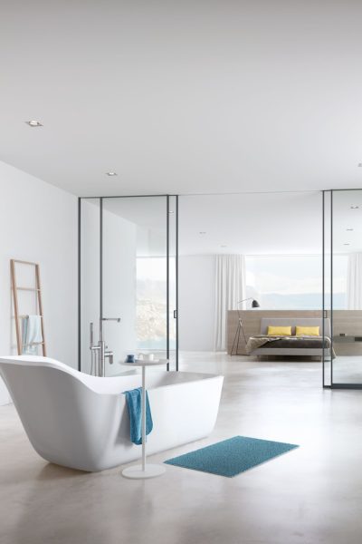 Gleittürsystem, Gleittür, Schiebetür, S800, S1500 AIR syncro, Graublau lackiert, Spiegel silber, Glas, ESG, Badezimmer, Schlafzimmer, Raumteiler, Bad
