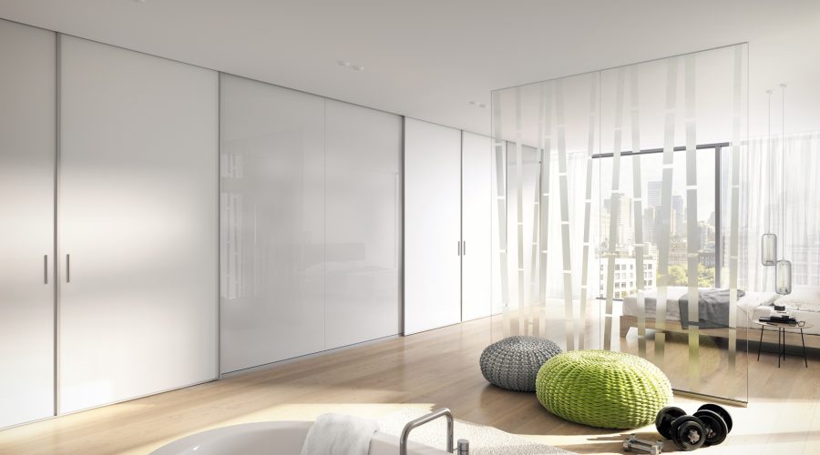 Gleittür S1200; LED; Schiebetür; Gleittürsystem; Silber; Floatglas Extraweiß; Innensystem Legno; Dekor Kaschmir; Trennwand; Ganzglastrennwand; VSG Cool White; Glas; Tag; Sliding door S1200; LED; silver; floatglass extra white; interior system Legno; decor kashmir; partition wall; all glass partition wall; VSG cool white; glass; day