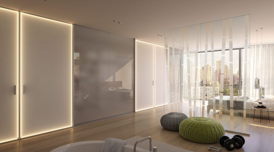 Gleittür S1200, LED, Schiebetür, Gleittürsystem, Silber, Floatglas Extraweiß, Innensystem Legno, Dekor Kaschmir, Trennwand, Ganzglastrennwand, VSG Cool White, Glas, Morgen, Sliding door S1200, LED, silver, floatglass extra white, interior system Legno, decor kashmir, partition wall, all glass partition wall, VSG cool white, glass, sunrise