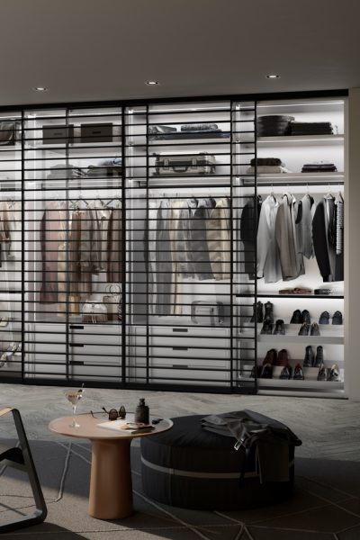 gleittür; sliding door; Pocket Door; S1200; LED spiegel; led mirror; grilled door; innensystem; interior system; einbauschrank; built-in wardrobe; legno; profil; schwarz matt; black mat; füllung; panel; mirror silver, spiegel silber; glas ESG klar; ESG grau satiniert; urban structures; alpaca blue grey; oberfläche; surface; idea renio; sprosse; sprossen; schubkasten; drawer; Schräg gestellte Böden mit Aufkantung; Angled Shelves with Edging; kleiderstange; clothes rod; Alurahmen Glasböden, Aluminum Frame Gass Shelf; Illuminated Shelve; Beleuchtete Fachböden; raumplus; bremen;