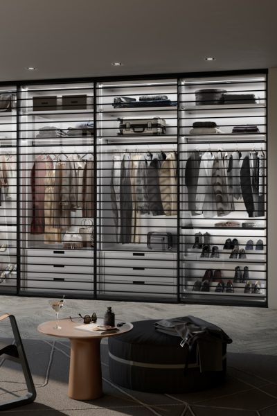 gleittür; sliding door; Pocket Door; S1200; LED spiegel; led mirror; grilled door; innensystem; interior system; einbauschrank; built-in wardrobe; legno; profil; schwarz matt; black mat; füllung; panel; mirror silver; spiegel silber; glas ESG klar; ESG grau satiniert; urban structures; alpaca blue grey; oberfläche; surface; idea renio; sprosse; sprossen; schubkasten; drawer; Schräg gestellte Böden mit Aufkantung; Angled Shelves with Edging; kleiderstange; clothes rod; Alurahmen Glasböden; Aluminum Frame Gass Shelf; Illuminated Shelve; Beleuchtete Fachböden; raumplus; bremen